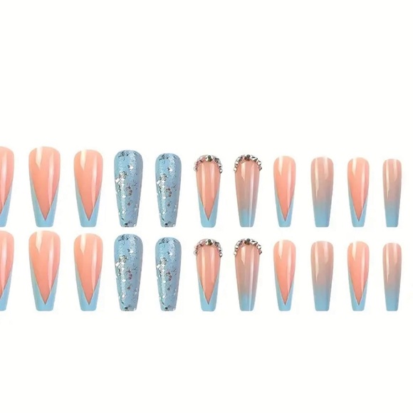 24 Long Blue French Press On Blue Nails Rhinestones Nude Glitter Sequin Kit new - Picture 6 of 8